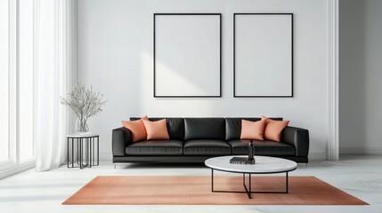 A minimalist living room featuring crisp white walls, a black leather sofa, and peach accent pillows