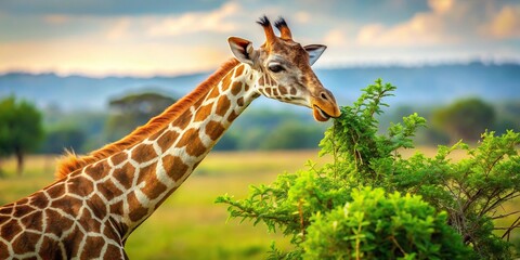 Savanna ecosystem with diverse plant species and giraffe feeding on leaves, animal, giraffe, plants