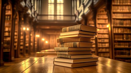 Fototapeta premium 2410 42.A stack of hardcover books arranged neatly on a wooden table, with the background of a spacious library filled with rows of bookshelves. The warm lighting in the library adds to the peaceful