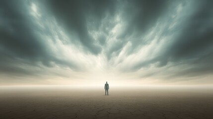 A person stands alone in a vast, empty desert