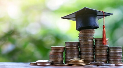 2410 93.A symbolic image of a graduation cap balanced on top of several stacks of coins, representing the expenses of international education. The shiny coins highlight the financial aspect of