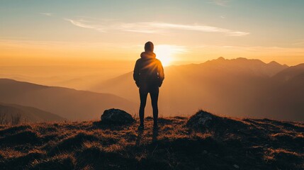 Silhouette of a man standing on a mountain peak, looking at the sunrise over a valley