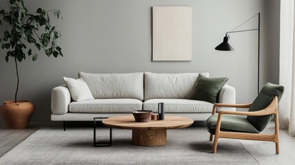 A minimalist living room featuring soft gray walls, a sage green accent chair, and a natural wood coffee table