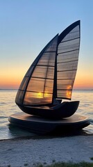 Elegant modern sailboat at sunset by the serene waterfront