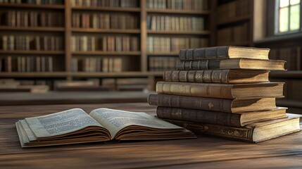Fototapeta premium 2410 58.A wooden desk with an open textbook and a stack of aged literature piled high next to it. The background reveals rows of bookshelves softly blurred, creating a quiet study environment perfect