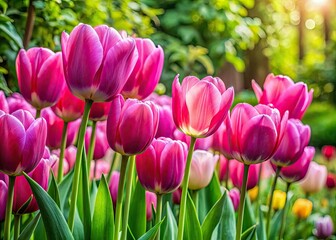 Fototapeta premium A breathtaking array of vibrant pink tulips fills a lush garden, highlighting spring's beauty and offering a colorful floral arrangement that inspires outdoor decor and nature photography.
