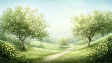 Obraz premium A painting of a path in a field with two trees on either side