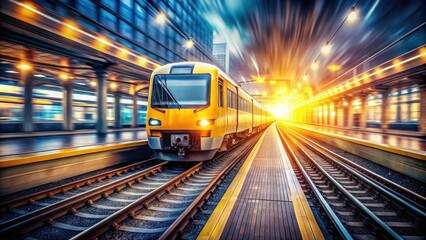 Naklejka premium A bright yellow express train rushes past a lively railway station, where a bokeh effect creates a sense of motion and captures the urban transport vibe.