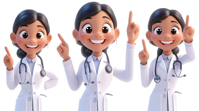 Smiling Female Doctors With Raised Fingers in Cartoon Style Collection Generative AI