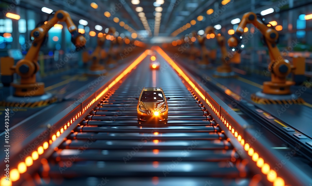 Aufkleber A sleek robotic assembly line showcasing automated arms constructing a vehicle on a glowing conveyor belt.
