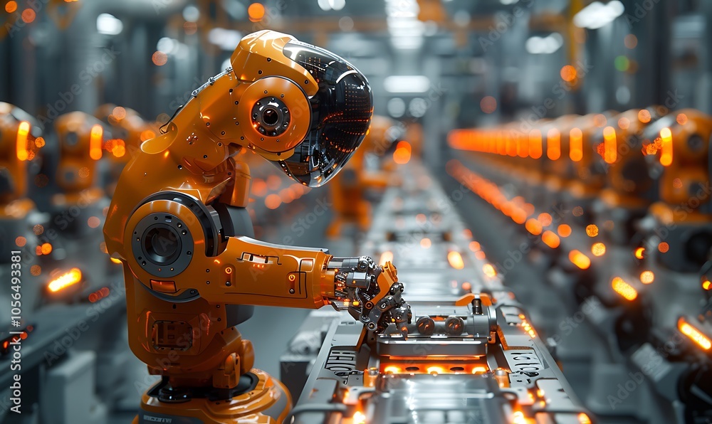 Leinwandbilder A futuristic factory scene featuring an orange robotic arm assembling components on an automated production line.
