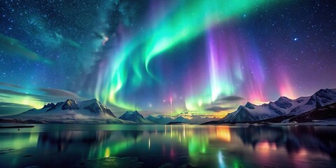 Softly glowing aurora borealis in a dark sky with stars and misty mountains, aurora borealis, mystical landscape