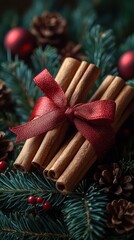 Festive arrangement of cinnamon sticks with red ribbon and pine accents