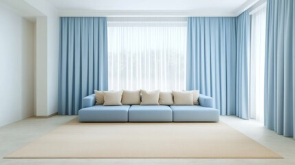 A minimalist living room featuring white walls, a sky blue sofa, and beige throw pillows