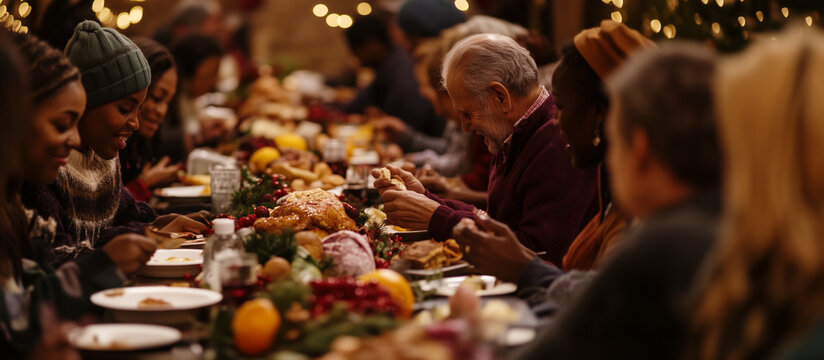 Diverse group of friends enjoying a festive holiday meal surrounded by Christmas decorations. Image made using Generative AI