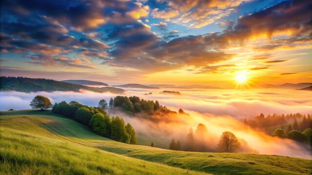 Softly glowing clouds illuminate a misty meadow as the sun rises over a rolling hill, sunrise, serene landscape, hills, clouds, nature's beauty