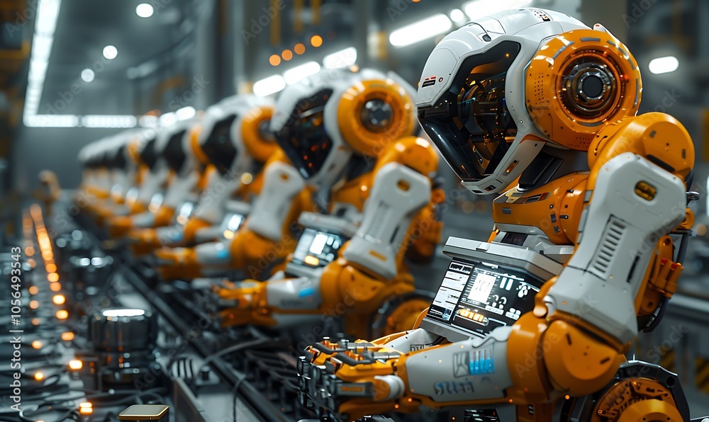 Aufkleber Futuristic assembly line filled with humanoid robots, showcasing advanced technology and automation in production.