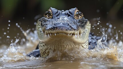 Obraz premium A close-up of an alligator emerging from water, splashing.