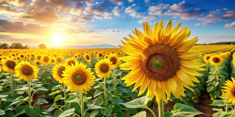 Fototapeta premium Sunflower field with tall stalks and bright yellow blooms in a sunny landscape, blooming flowers, sunflower field, landscape photo