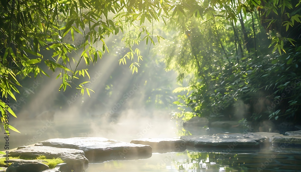 Poster a serene scene of sunlight filtering through lush foliage, casting rays over a calm, misty river sur