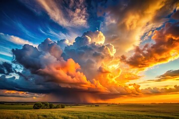 Fototapeta premium Sunset over a vast landscape with towering cumulus clouds, scenery, sunset