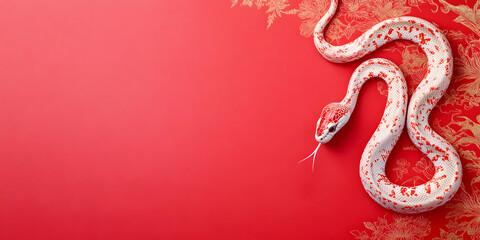 Obraz premium Majestic snake coiling against a vibrant red backdrop embellished with gold floral designs, embodying beauty and elegance.