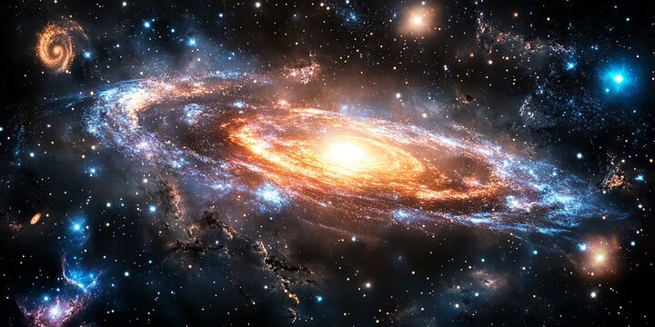 A vibrant, colorful galaxy swirls with stars in a deep space setting.