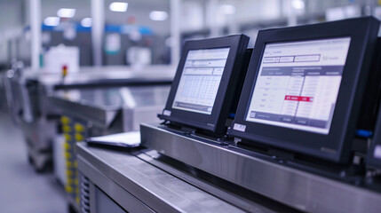 Close-up of digital control panels with data screens in a high-tech manufacturing facility, used for monitoring and managing production processes