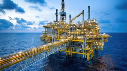 A dazzling industrial scene at dusk, with the oil refinery's lights reflecting off a calm seascape, creating a striking contrast.