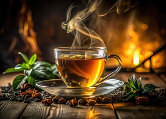 A close-up of aromatic tea in a clear cup, showcasing rich colors, steam wafting upward, and delicate details of tea leaves during the infusion process.