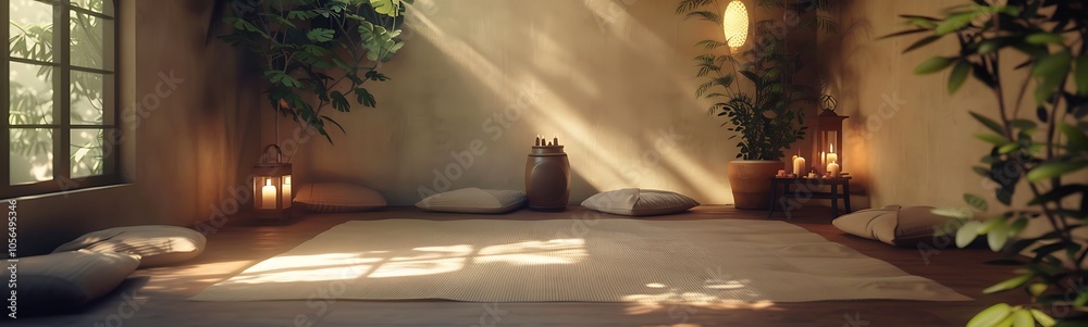 Poster a serene meditation space filled with natural light, plants, and soft textures, creating a calming a
