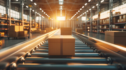 Fototapeta premium Cardboard box moving along a conveyor belt in a well-organized warehouse, bathed in warm sunset light filtering through windows