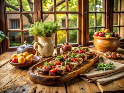 A delicious lechazo dish showcased in a rustic setting, utilizing natural light and textured surfaces to emphasize the artistry of culinary presentation beautifully.