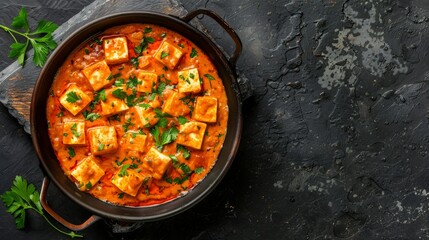 masala with paneer butter. On a black stone, an Indian cottage cheese dish is being cooked in a pan
