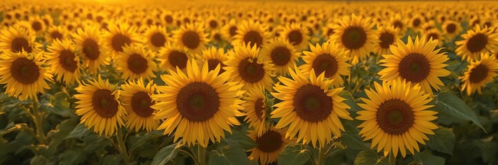 Obraz premium Vibrant field of sunflowers illuminated by golden sunset light, light, outdoors