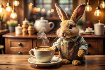 Adorable bunny barista brews coffee in a snug cafe. Captivating macro shots showcase cute animals, whimsical decor, and charming coffee art featuring delightful furry friends.