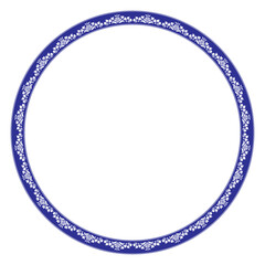 Blue with white plate. Beautiful round frame arabesque. Vintage, ethnic vector frame with arabesques EPS. Pattern frame for round surfac, household utensil, textile, embroidery