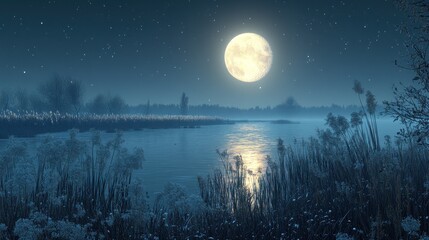 Fototapeta premium Serene night landscape with a full moon reflecting on water.