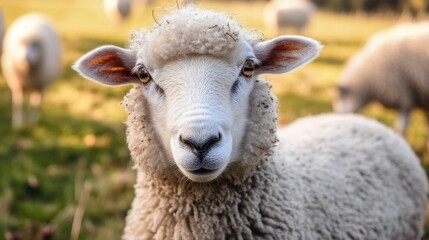 Obraz premium Close up of a white sheep looking directly at the camera in a grassy field.