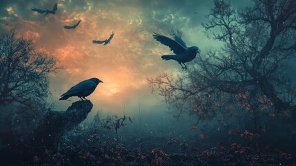Silhouettes of crows and bats flying through a foggy forest at sunset.
