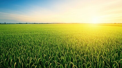 Lush green rice field under a bright sky at sunrise.