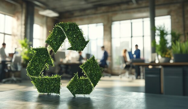 A green recycle symbol made of grass in front of an office with people working.