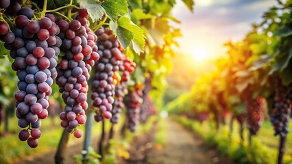Naklejka premium Vines in a lush orchard with clusters of ripe grapes hanging from the branches, fruit, vines, harvest season, tree branches