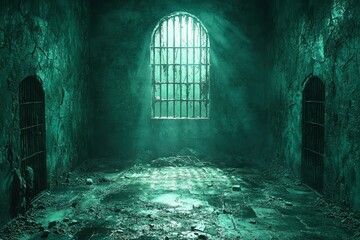 Obraz premium A Grungy, Dark Prison Cell with a Single Window and Two Doors