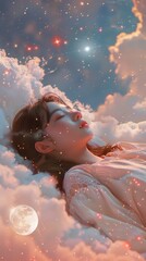 Dreamy Woman Sleeping on Clouds with Stars and Moon