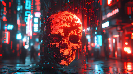 A skull with a red face is surrounded by neon lights and buildings