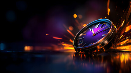 A purple clock with roman numerals on a dark background