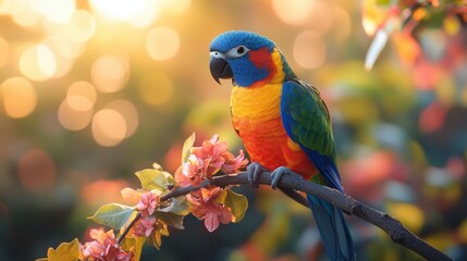 Colorful parrot perched on a blooming branch at sunset