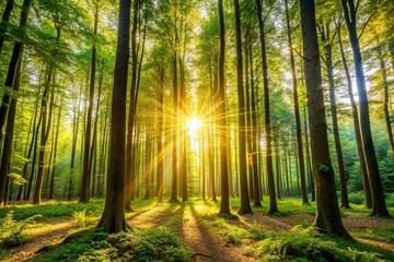 Obraz premium Warm sunlight filtering through the leaves of tall trees in a dense forest, leafy canopy, natural shelter, refreshing escape