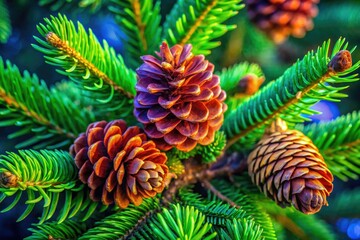 Aerial View of Douglas-fir Tree Branches with Pinecones and Lush Green Needles